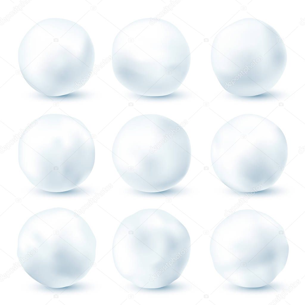 Snowball isolated on white background. Snowballs collection. Frozen ice ball. Winter decoration for Christmas or New Year. Vector snow.