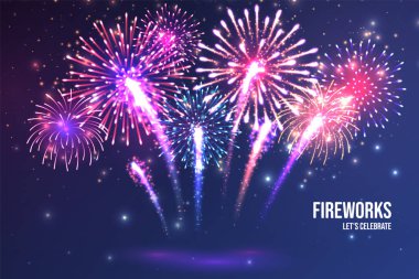 Şenlikhavai. Mavi soyut arka plan üzerinde gerçekçi renkli havai fişek. Çok renkli patlama. Noel veya Yeni Yıl tebrik kartı. Işıklar Diwali festivali. Vektör çizimi.