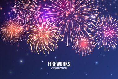 Şenlikhavai. Mavi soyut arka plan üzerinde gerçekçi renkli havai fişek. Çok renkli patlama. Noel veya Yeni Yıl tebrik kartı. Işıklar Diwali festivali. Vektör çizimi.