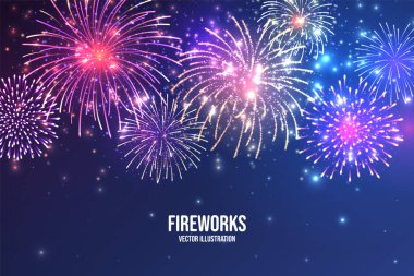 Şenlikhavai. Mavi soyut arka plan üzerinde gerçekçi renkli havai fişek. Çok renkli patlama. Noel veya Yeni Yıl tebrik kartı. Işıklar Diwali festivali. Vektör çizimi.