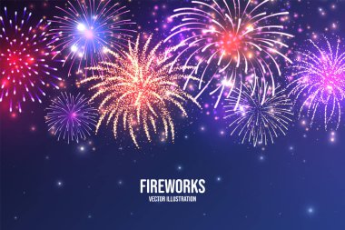 Şenlikhavai. Mavi soyut arka plan üzerinde gerçekçi renkli havai fişek. Çok renkli patlama. Noel veya Yeni Yıl tebrik kartı. Işıklar Diwali festivali. Vektör çizimi.