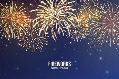 Şenlikhavai. Mavi soyut arka plan üzerinde gerçekçi renkli havai fişek. Çok renkli patlama. Noel veya Yeni Yıl tebrik kartı. Işıklar Diwali festivali. Vektör çizimi.