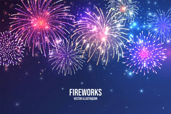 Festive fireworks. Realistic colorful firework on blue abstract background. Multicolored explosion. Christmas or New Year greeting card. Diwali festival of lights. Vector illustration. — Stock Vector