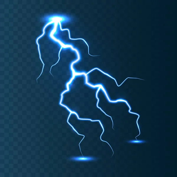 Realistic lightning on blue transparent background. Thunderstorm and lightning bolt. Sparks of light. Stormy weather effect. Vector illustration. — Stock Vector
