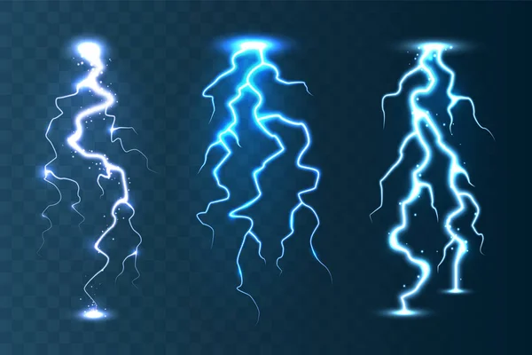Realistiska blixtnedslag samling på blå transparent bakgrund. Åskväder och blixt. Gnistor av ljus. Stormig vädereffekt. Vektorillustration. — Stock vektor