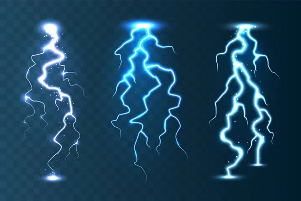 Realistische bliksem collectie op blauwe transparante achtergrond. Onweer en bliksemschicht. Vonken van licht. Stormachtig weereffect. Vectorillustratie. — Stockvector