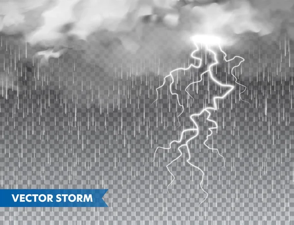 Realistic rain with clouds and lightning on transparent background. Thunderstorm, stormy weather effect. Rainfall, water drops effect. Autumn wet rainy day. Vector illustration.