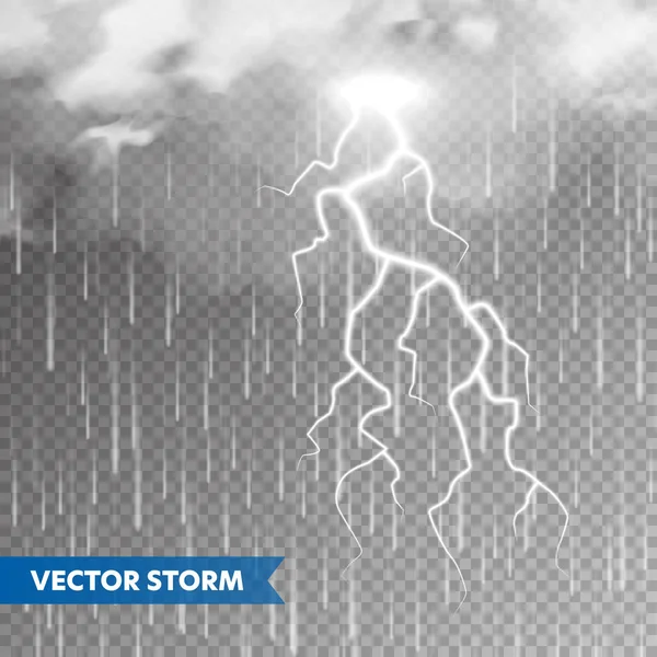 Realistic rain with clouds and lightning on transparent background. Thunderstorm, stormy weather effect. Rainfall, water drops effect. Autumn wet rainy day. Vector illustration.