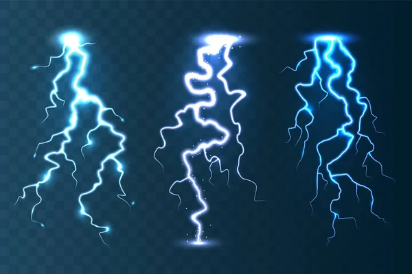 现实的闪电收集蓝色透明的背景。 雷雨和闪电。 光的火花。 暴风雨天气的影响。 矢量说明. — 图库矢量图片
