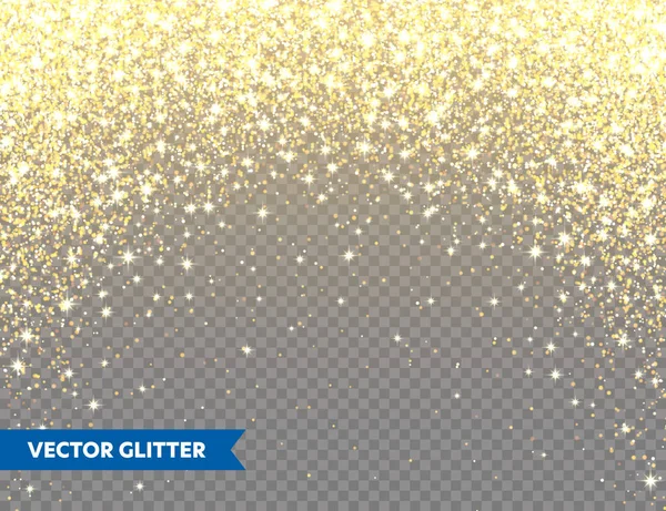 Glinsterende Gouden Glitter op Transparant Vector Achtergrond. Vallende Glanzende Confetti met Gouden Scherven. Shining Light Effect voor Kerstmis of Nieuwjaar wenskaart. — Stockvector