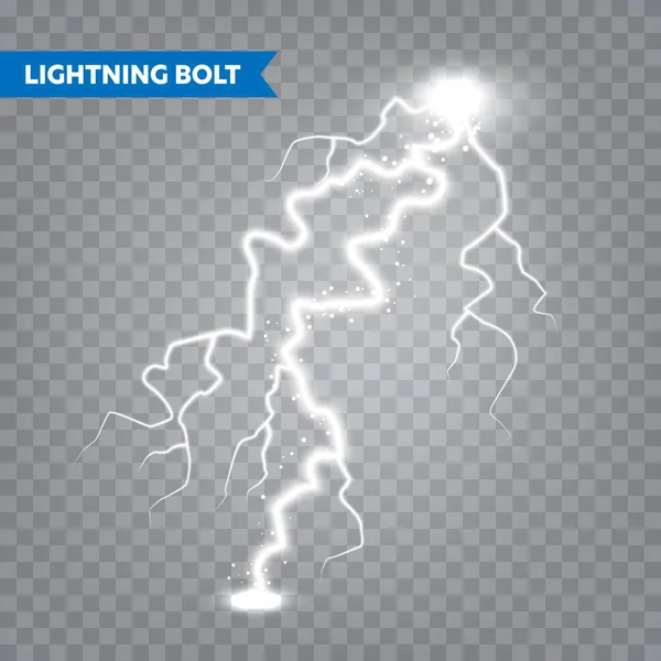 Realistic lightning on transparent background. Thunderstorm and lightning bolt. Sparks of light. Stormy weather effect. Vector illustration.
