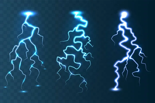 Realistische bliksem collectie op blauwe transparante achtergrond. Onweer en bliksemschicht. Vonken van licht. Stormachtig weereffect. Vectorillustratie. — Stockvector