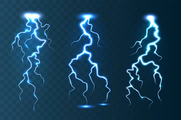 Realistische bliksem collectie op blauwe transparante achtergrond. Onweer en bliksemschicht. Vonken van licht. Stormachtig weereffect. Vectorillustratie. — Stockvector