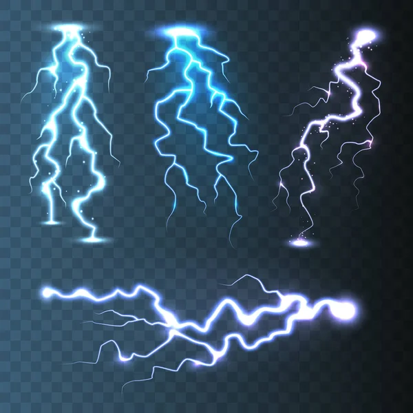 Realistic lightning collection on blue transparent background. Thunderstorm and lightning bolt. Sparks of light. Stormy weather effect. Vector illustration. — Stock Vector