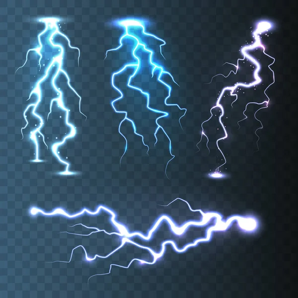 Realistische bliksem collectie op blauwe transparante achtergrond. Onweer en bliksemschicht. Vonken van licht. Stormachtig weereffect. Vectorillustratie. — Stockvector