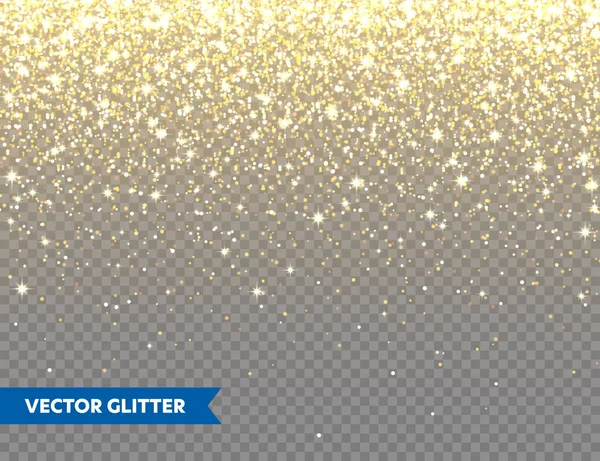 Brillo dorado brillante sobre fondo vectorial transparente. Caída de Confetti Brillante con fragmentos de oro. Efecto de luz brillante para la tarjeta de felicitación de Navidad o Año Nuevo. — Vector de stock