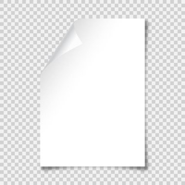 Şeffaf arkaplanda A4 biçiminde gölgesi olan gerçekçi boş bir kağıt. Kıvrımlı köşeli defter ya da kitap sayfası. Vektör illüstrasyonu.