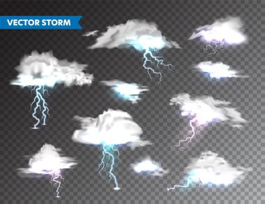 Şeffaf arkaplanda şimşekler çakan gerçekçi bulutlar. Fırtına ve yıldırım. Işık kıvılcımları. Fırtınalı hava etkisi. Vektör illüstrasyonu.