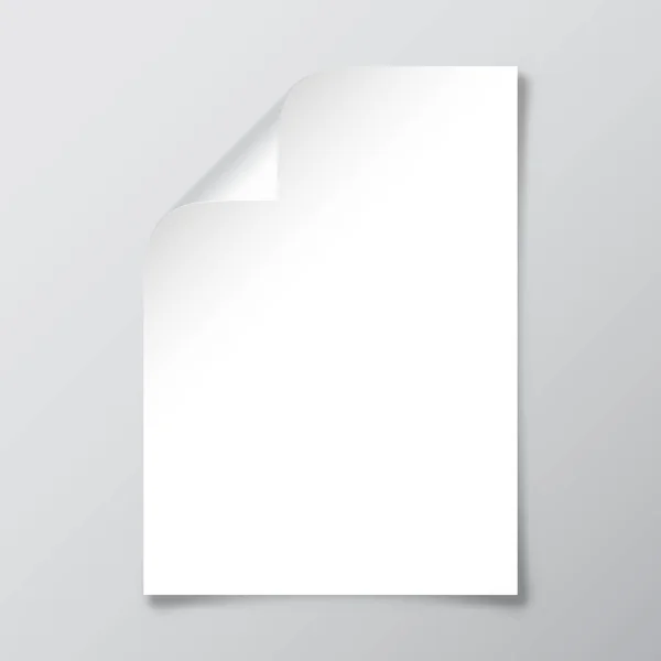 Foglio di carta bianco realistico con ombra in formato A4. Blocco note o pagina libro con angolo arricciato. Illustrazione vettoriale . — Vettoriale Stock