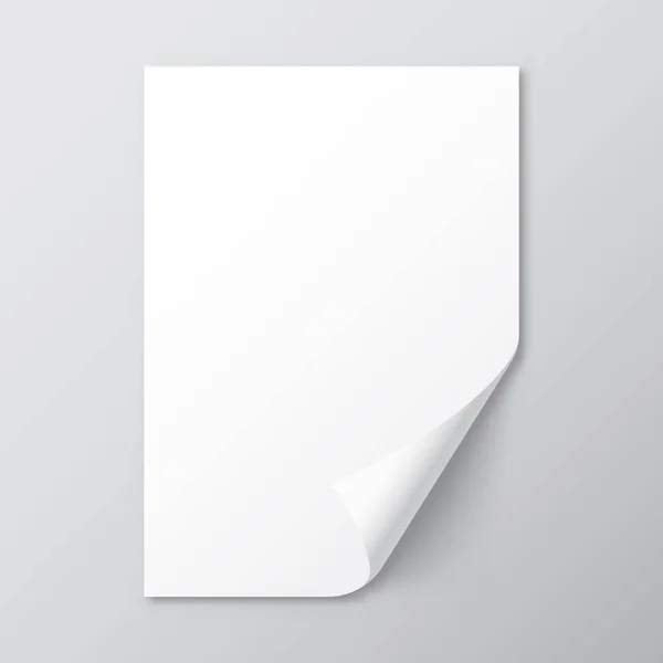 Folha de papel em branco realista com sombra em formato A4. Notebook ou página de livro com canto ondulado. Ilustração vetorial . — Vetor de Stock