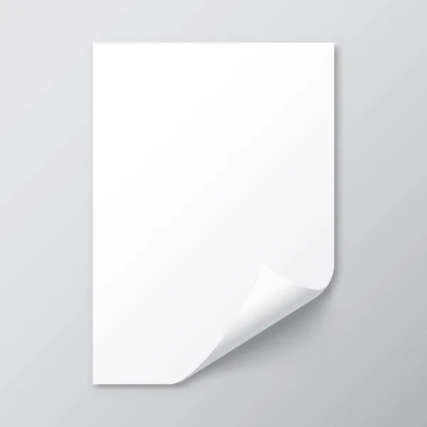 Hoja de papel en blanco realista con sombra en formato A4. Cuaderno o página de libro con esquina rizada. Ilustración vectorial . — Vector de stock