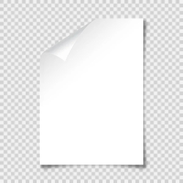 Realistic blank paper sheet with shadow in A4 format on transparent background. Notebook or book page with curled corner. Vector illustration. — Stock vektor