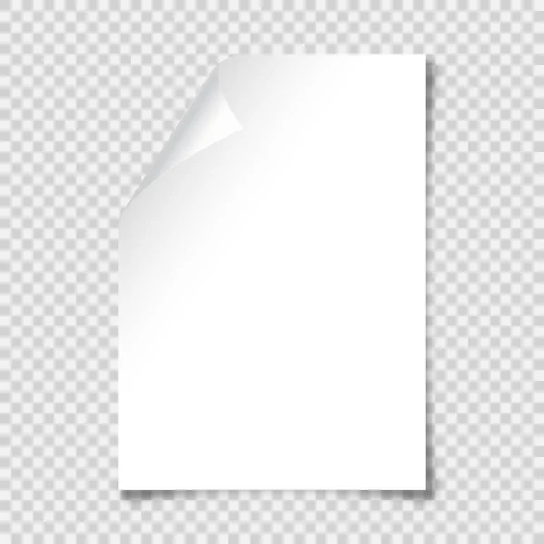 Realistic blank paper sheet with shadow in A4 format on transparent background. Notebook or book page with curled corner. Vector illustration. — Stock vektor