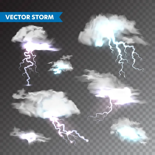 Realistische wolken met bliksem ingesteld op transparante achtergrond. Onweer en bliksemschicht. Vonken van licht. Stormachtig weereffect. Vectorillustratie. — Stockvector