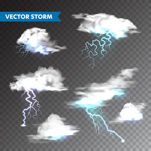Realistische wolken met bliksem ingesteld op transparante achtergrond. Onweer en bliksemschicht. Vonken van licht. Stormachtig weereffect. Vectorillustratie. — Stockvector