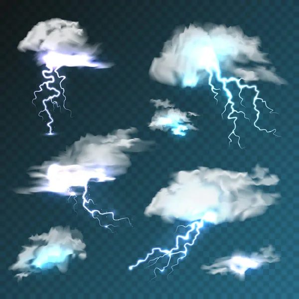 Реалістичні хмари з блискавкою встановлені на прозорому фоні. Буря і блискавка. Іскри світла. Ефект штормової погоди. Векторні ілюстрації . — стоковий вектор