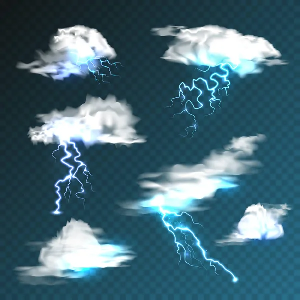 Realistic clouds with lightning set on transparent background. Thunderstorm and lightning bolt. Sparks of light. Stormy weather effect. Vector illustration. — Stock Vector