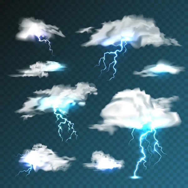 Realistic clouds with lightning set on transparent background. Thunderstorm and lightning bolt. Sparks of light. Stormy weather effect. Vector illustration. — Stock Vector