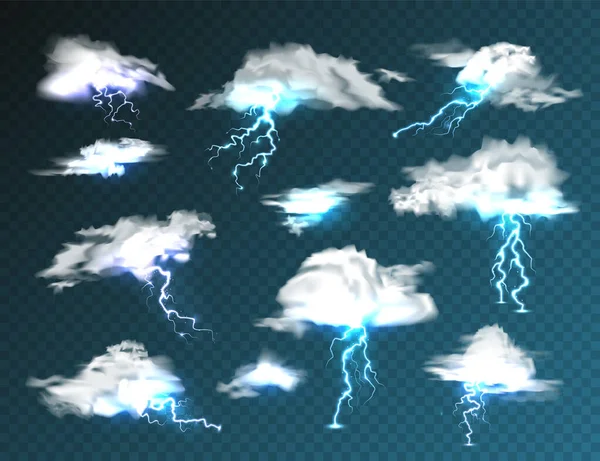 Realistische wolken met bliksem ingesteld op transparante achtergrond. Onweer en bliksemschicht. Vonken van licht. Stormachtig weereffect. Vectorillustratie. — Stockvector