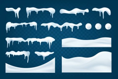 Gerçekçi kar yığınları koleksiyonu. Kış karlı soyut arka plan. Buz kütleli donmuş bir manzara. Noel ya da yeni yıl için dekorasyon. Vektör illüstrasyonu.