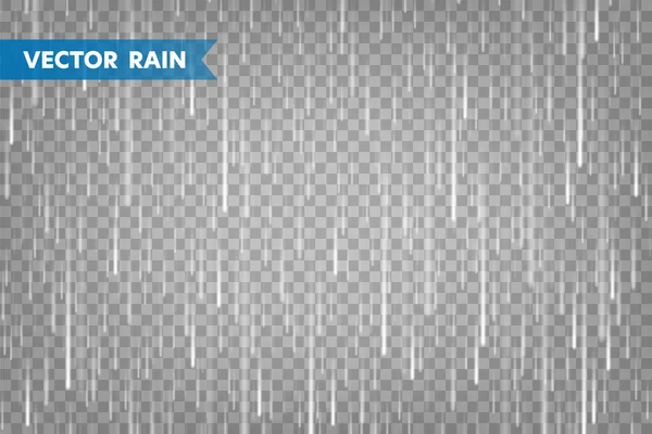 Textura de lluvia realista sobre fondo transparente. Lluvias, gotas de agua efecto. Otoño húmedo día lluvioso. Ilustración vectorial. — Archivo Imágenes Vectoriales