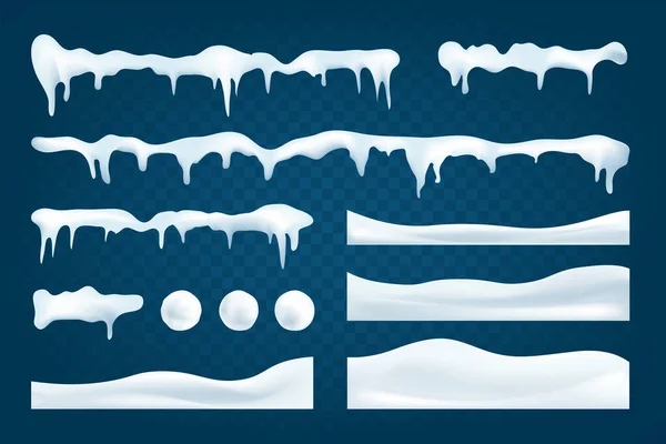 Raccolta di cumuli di neve realistica. Inverno innevato sfondo astratto. Paesaggio congelato con calotte di ghiaccio innevate. Decorazione per Natale o Capodanno. Illustrazione vettoriale . — Vettoriale Stock