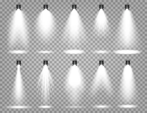 Vector spotlight set. Bright light beam. Transparent realistic effect. Stage lighting. Illuminated studio spotlights. — Stock Vector