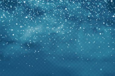 Kar taneleri ve bulutlar ile gerçekçi düşen kar. Noel veya Yeni Yıl kartı için Kış şeffaf arka plan. Don fırtınası etkisi, kar yağışı, buz. Vektör çizimi.