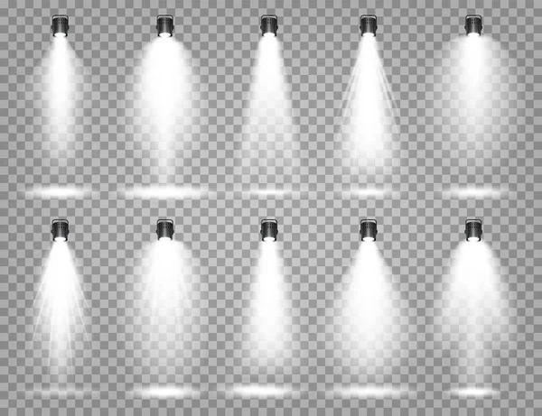 Vector spotlight set. Bright light beam. Transparent realistic effect. Stage lighting. Illuminated studio spotlights. — Stock Vector