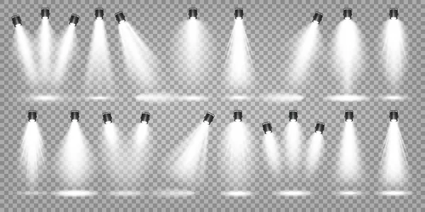 Vector spotlight set. Bright light beam. Transparent realistic effect. Stage lighting. Illuminated studio spotlights.