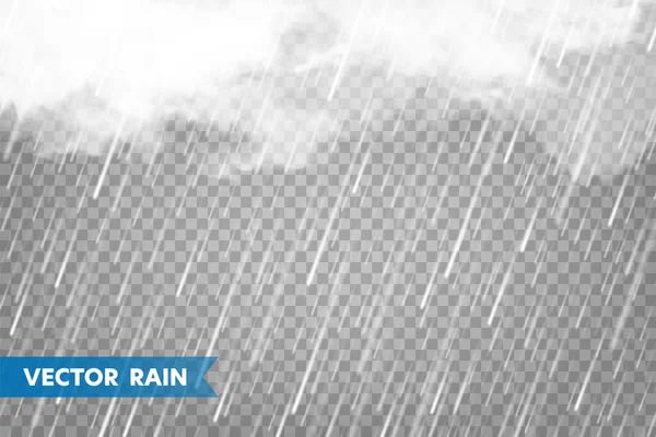 Pioggia realistica con nuvole su sfondo trasparente. Piogge, effetto gocce d'acqua. Autunno bagnato giorno di pioggia. Illustrazione vettoriale . — Vettoriale Stock