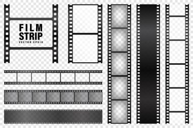 Şeffaf arkaplanda gerçekçi film şeritleri koleksiyonu. Eski moda sinema şeridi. Vektör fotoğraf çerçevesi.