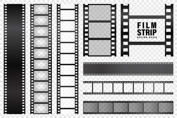 Realistic film strips collection on transparent background. Old retro cinema strip. Vector photo frame. — Stock Vector