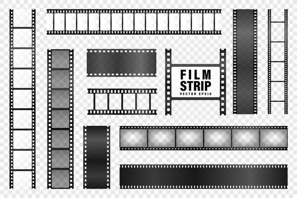 Realistiska filmremsor samling på transparent bakgrund. Gamla retrobiografremsan. Fotoram för vektor. — Stock vektor