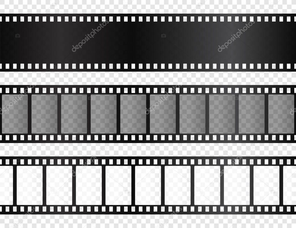 Realistic film strips collection on transparent background. Old retro cinema strip. Vector photo frame.