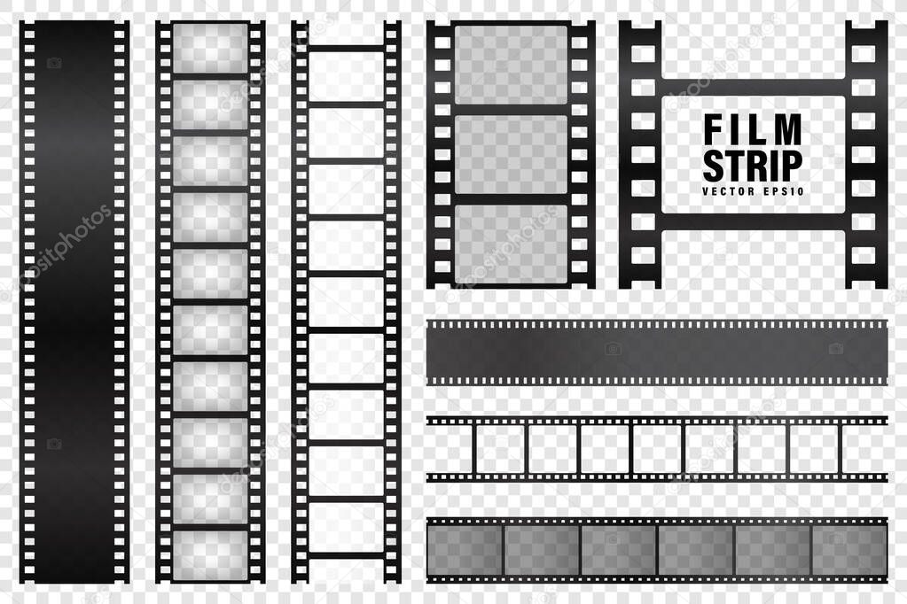 Realistic film strips collection on transparent background. Old retro cinema strip. Vector photo frame.
