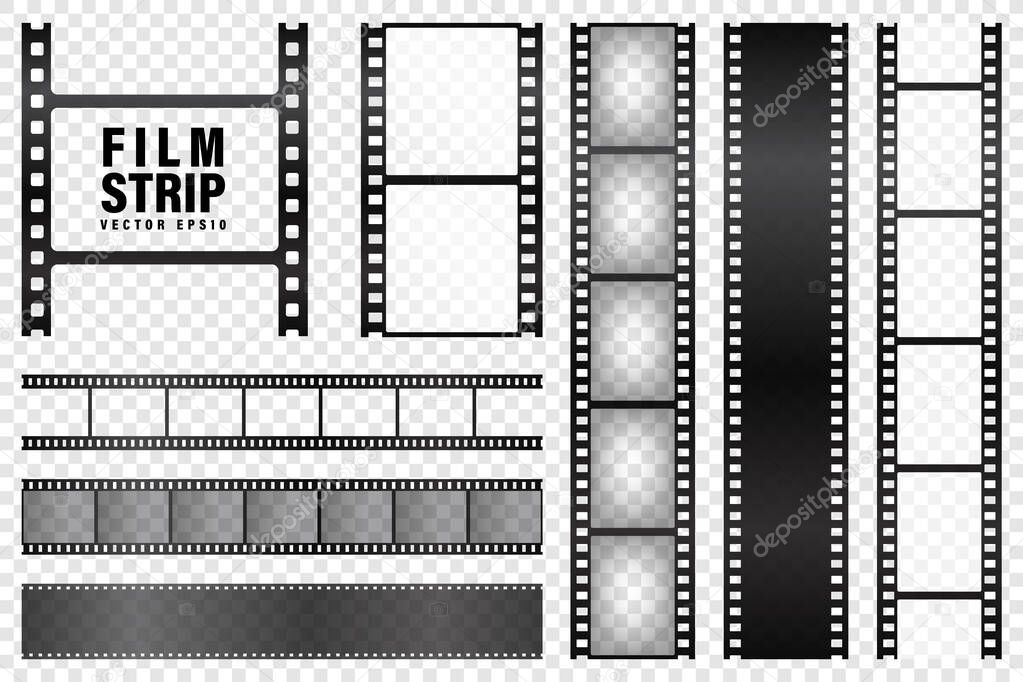 Realistic film strips collection on transparent background. Old retro cinema strip. Vector photo frame.