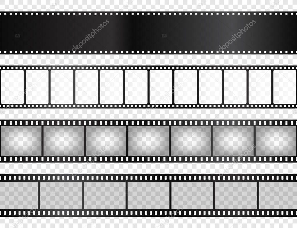 Realistic film strips collection on transparent background. Old retro cinema strip. Vector photo frame.