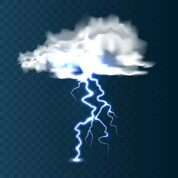 Nubes realistas con relámpagos sobre fondo azul. Tormenta y relámpago. Chispas de luz. Efecto meteorológico tormentoso. Ilustración vectorial . — Archivo Imágenes Vectoriales