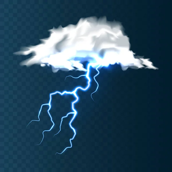 Реалистичные облака с молнией на синем фоне. Гроза и молния. Искры света. Бурный погодный эффект. Векторная иллюстрация . — стоковый вектор